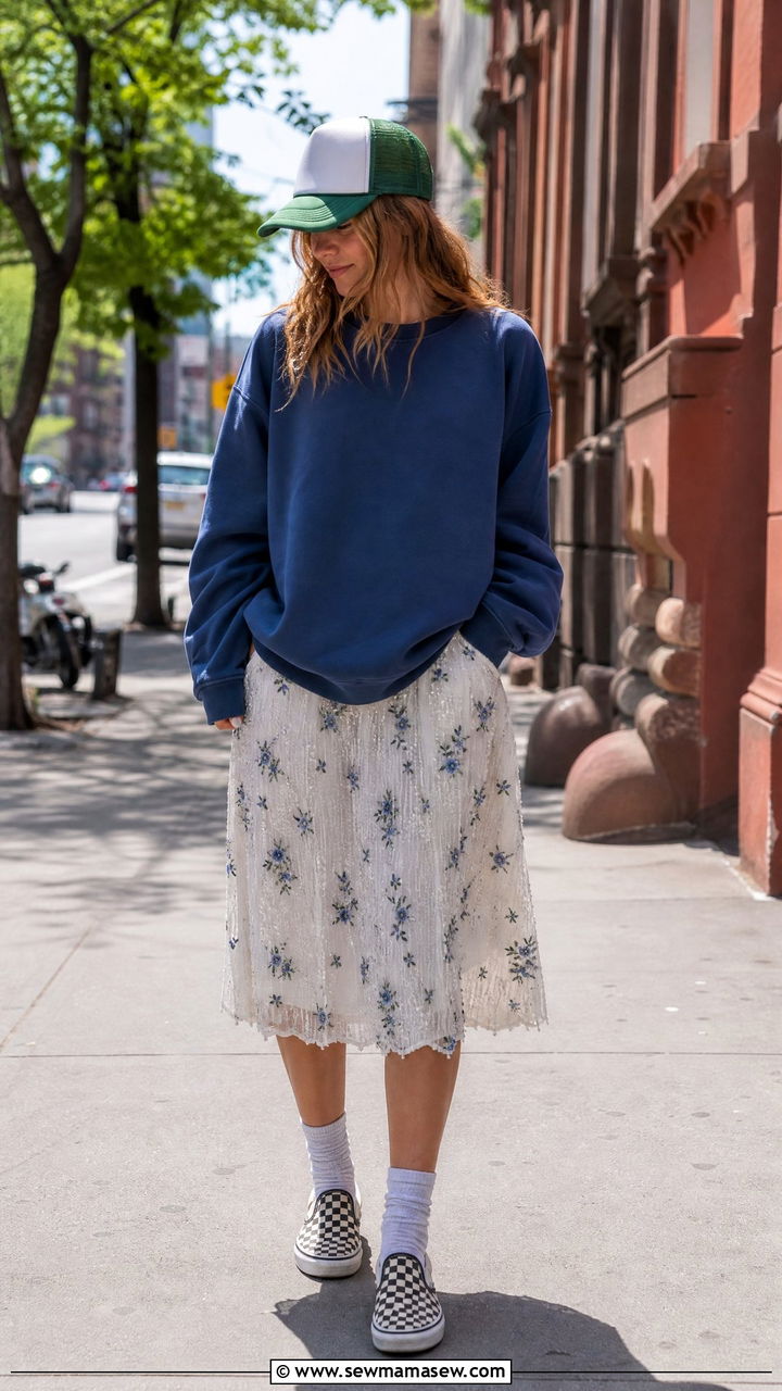 Sweatshirt Over Summer Dress With Checkerboard Slip On Sneakers - 35 Gigi Hadid summer outfit ideas