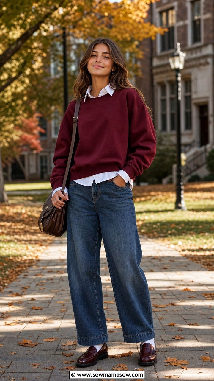 Sweatshirt Over a Collared Shirt with Barrel Leg Jeans and Loafers - 35 Back to school outfit ideas for teens 2026