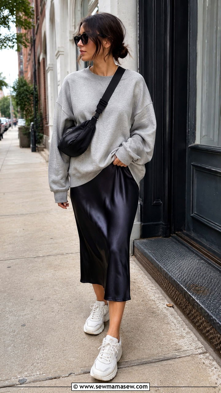 Sweatshirt With Midi Slip Dress and Dad Sneakers - 30 casual model off duty outfits