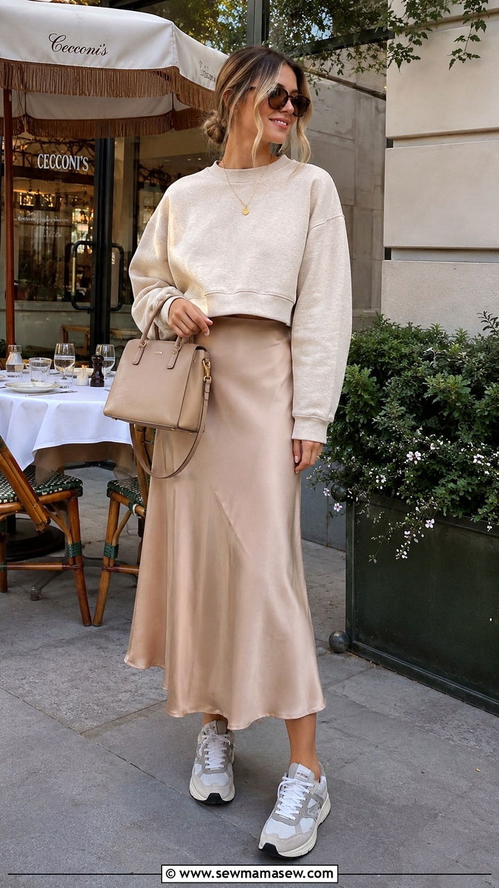 Sweatshirt With Midi Slip Skirt and Athletic Sneakers - 30 Sporty spring outfit ideas