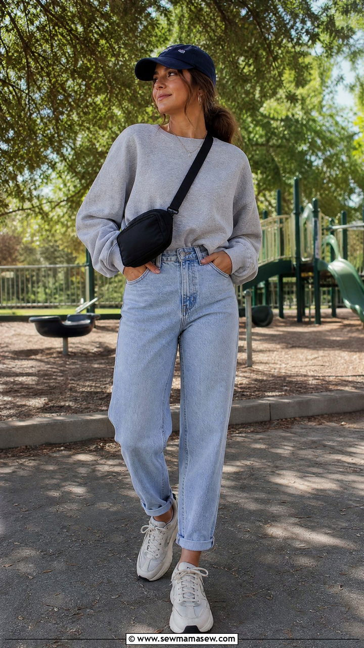 Sweatshirt With Mom Jeans And Chunky Sneakers - 25 Spring outfits with mom jeans
