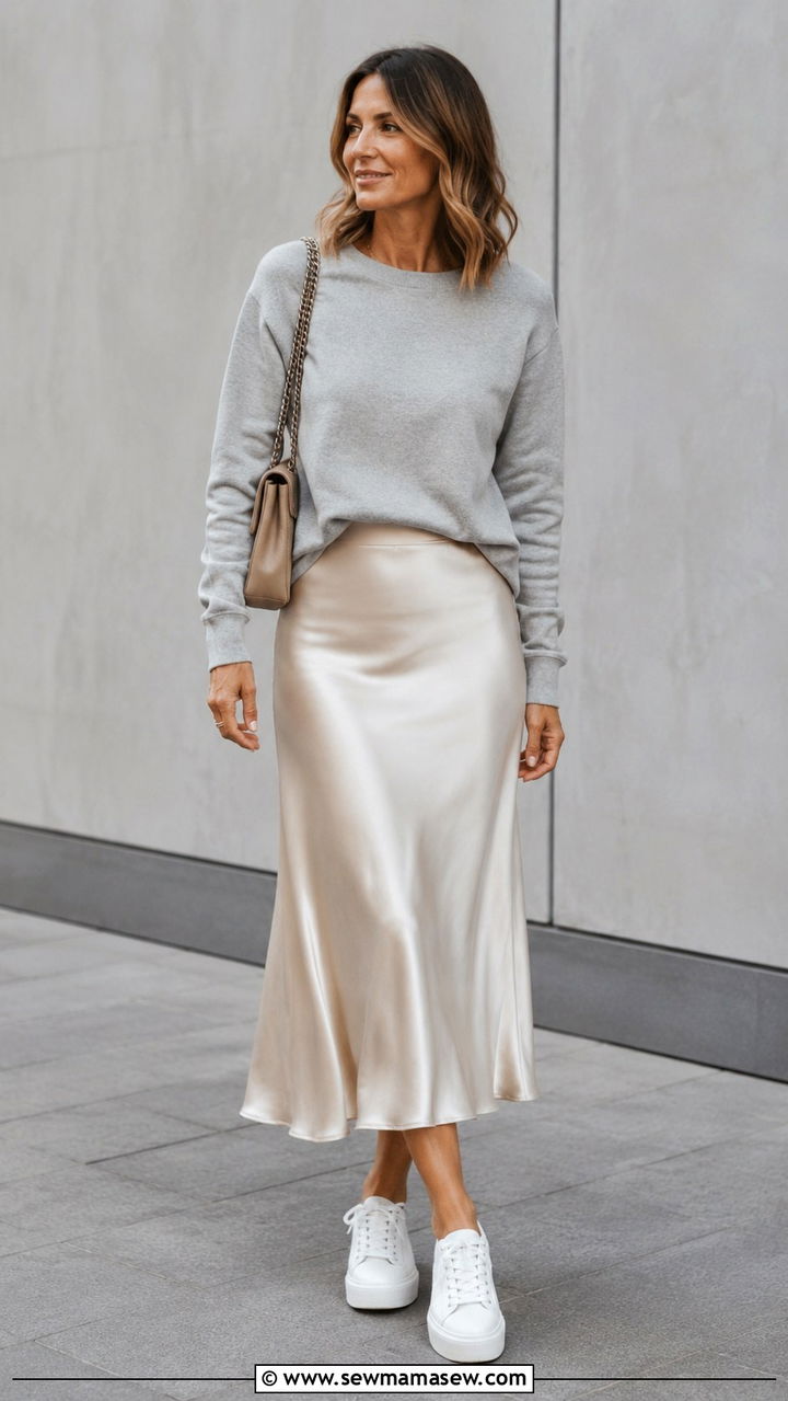 Sweatshirt With Satin Midi Skirt And Platform Sneakers - 30 Sporty chic outfit ideas for women over 40