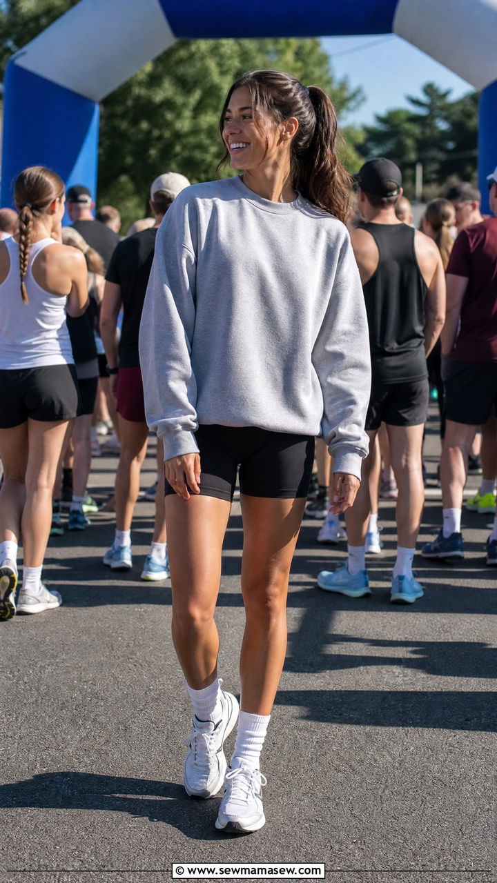 Sweatshirt and Biker Shorts with Crew Socks - 20 5K outfit ideas