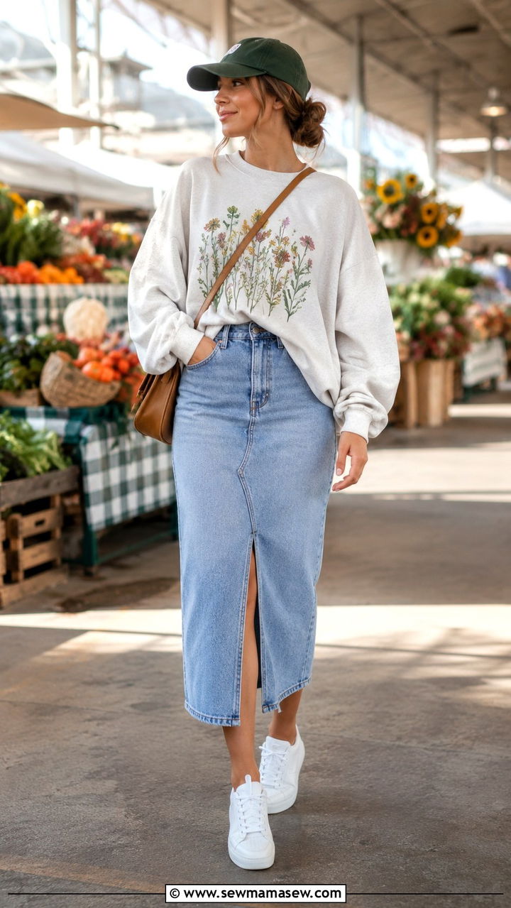 Sweatshirt and Denim Skirt Outfit - 30 How to style a sweatshirt