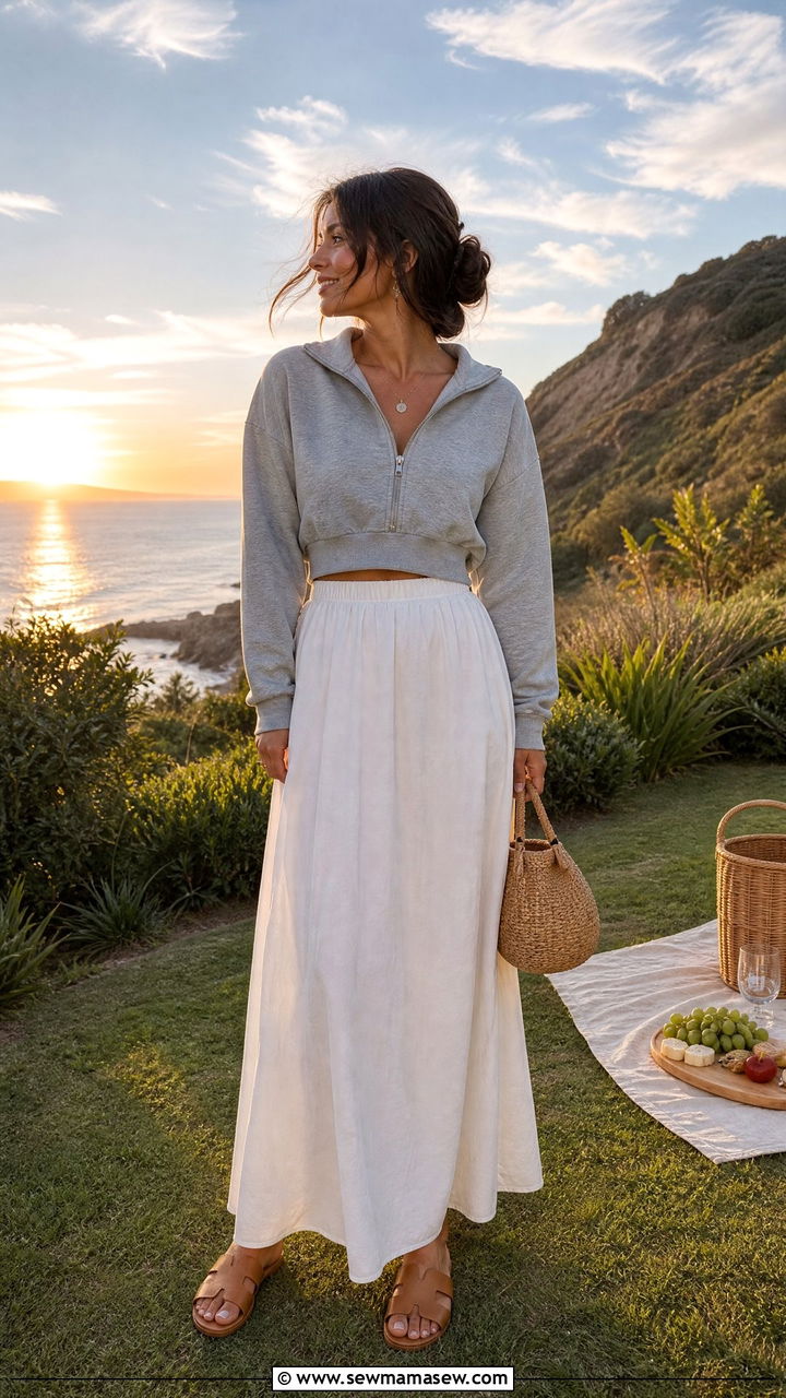 Sweatshirt and Maxi Skirt - 30 summer athleisure outfits