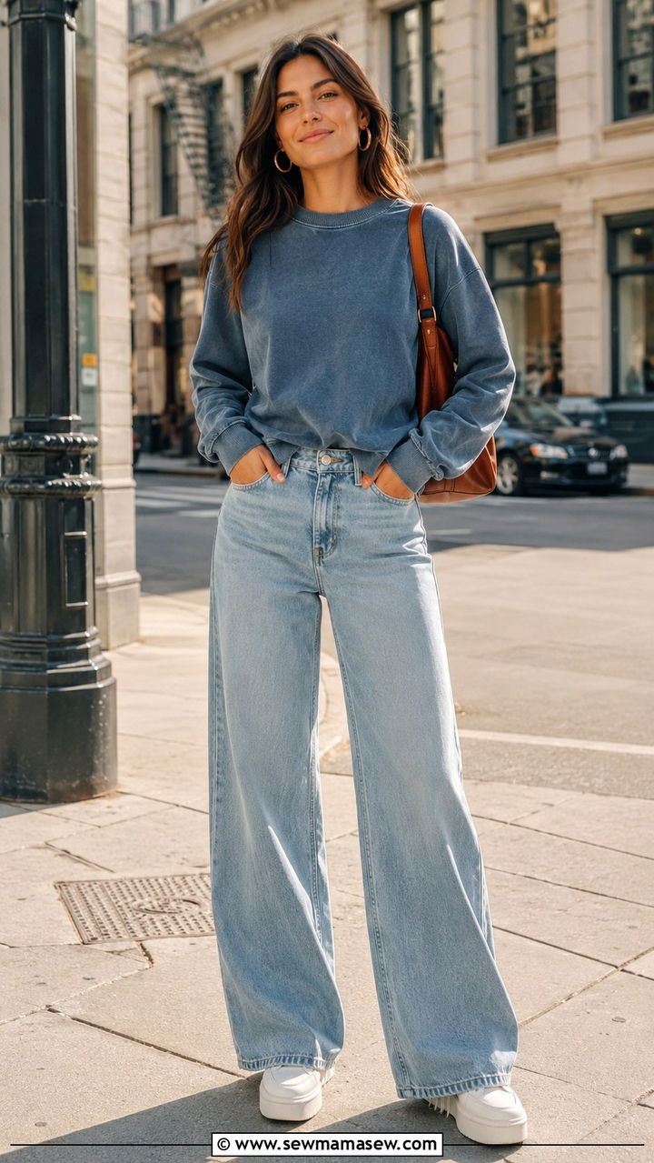 Sweatshirt and Wide Leg Jeans Outfit - 30 How to style a sweatshirt