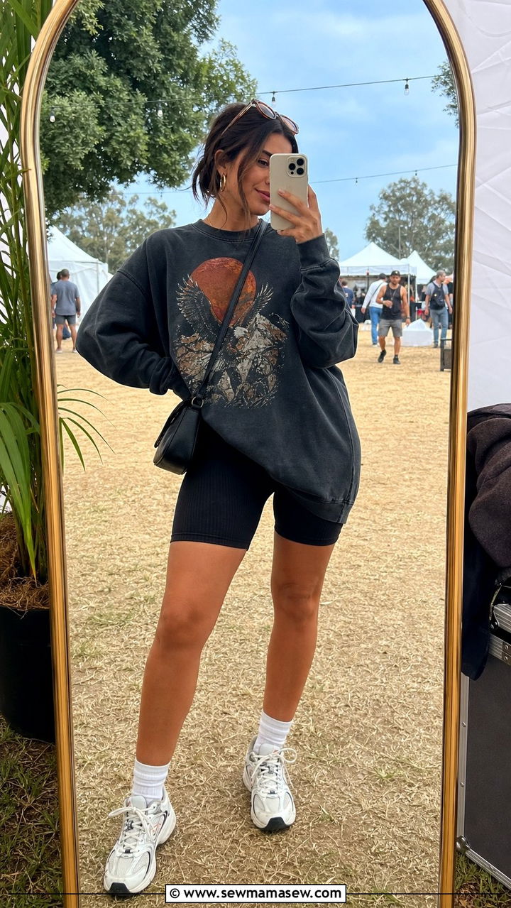 Sweatshirt and bike shorts outfit - 35 casual concert outfits
