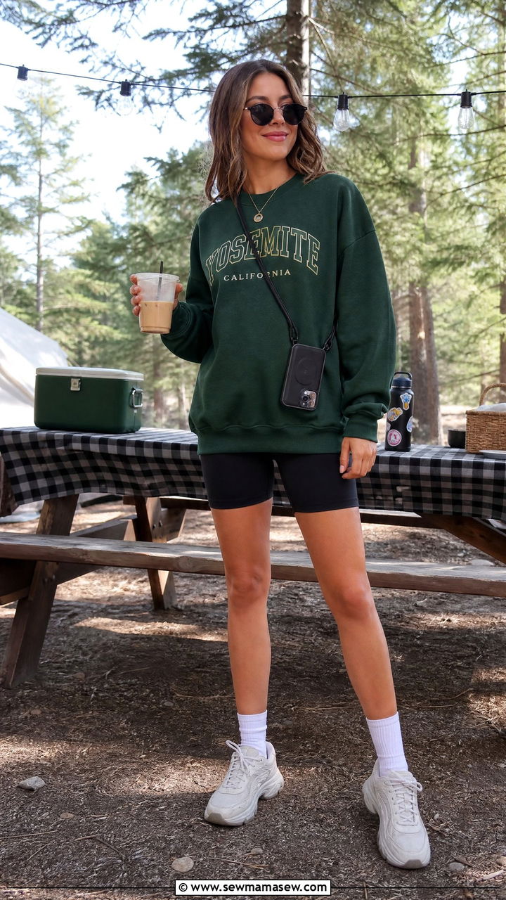 Sweatshirt and biker shorts camping outfit - 25 Camping trip outfit ideas