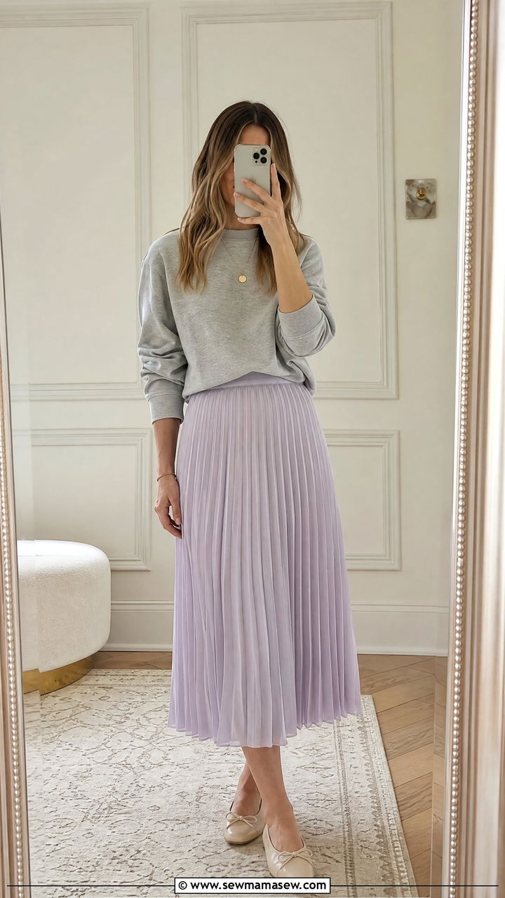 Sweatshirt and pleated midi skirt summer outfit - 30 Summer outfits with sweatshirt