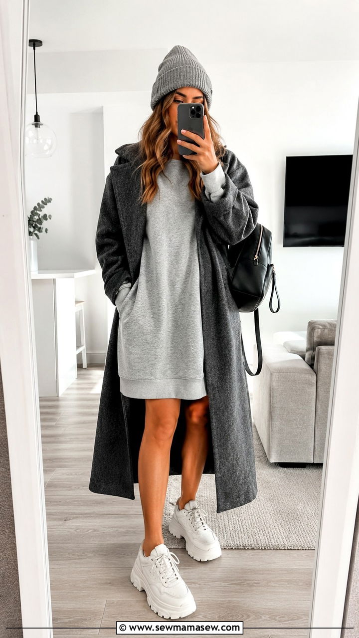 Sweatshirt dress with chunky sneakers - 25 windy day outfits 2026