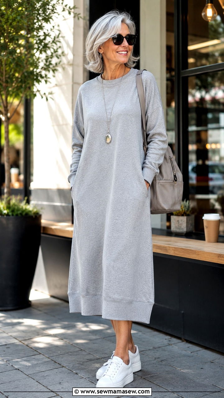 Sweatshirt dress with platform sneakers for women over 50 - 30 Outfit ideas for women over 50 athleisure