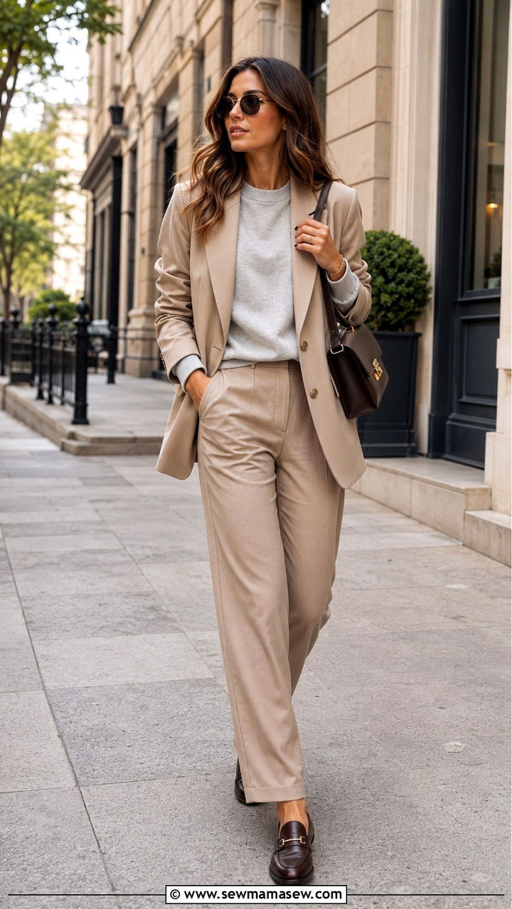 Sweatshirt layered under a blazer with trousers - 30 Spring outfits with sweatshirt