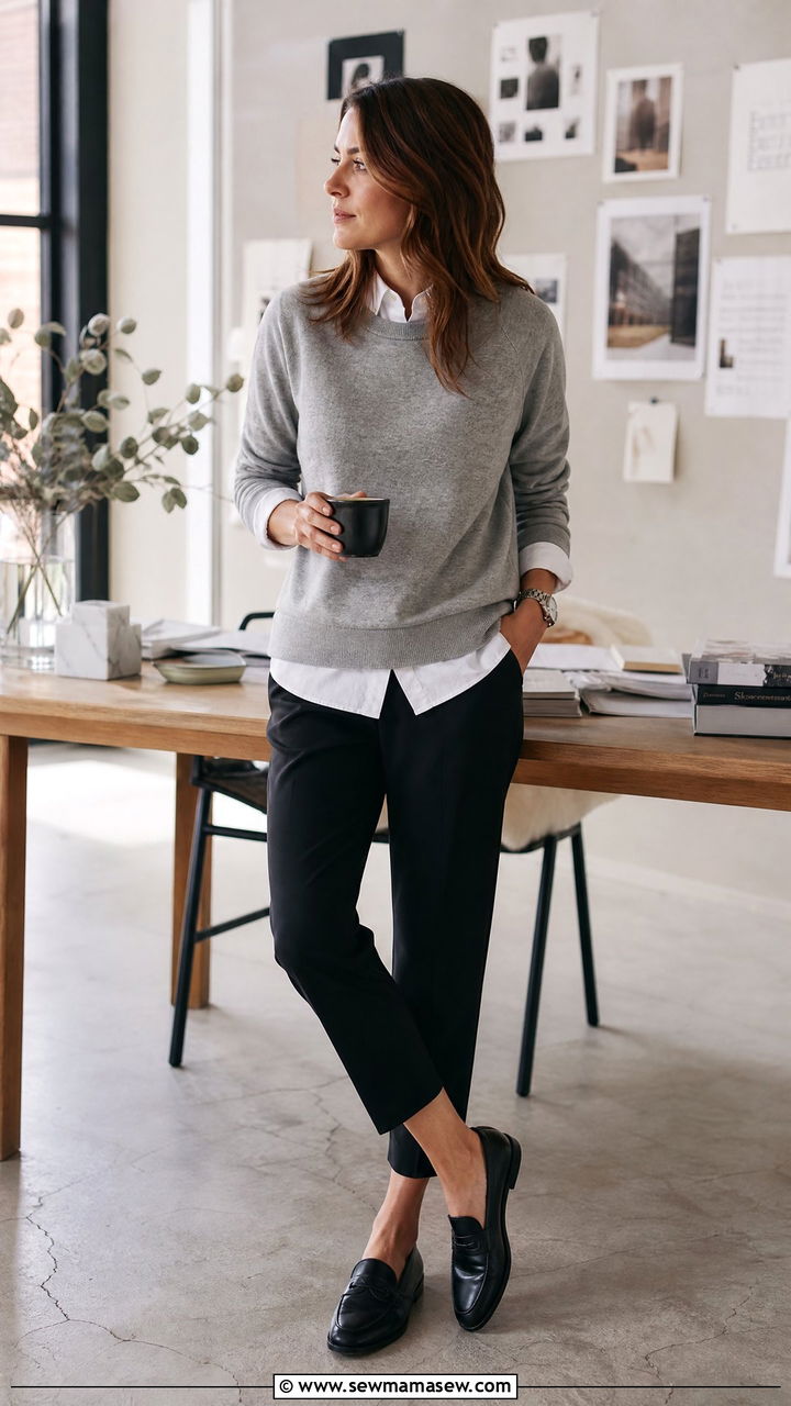 Sweatshirt over collared shirt with tailored trousers outfit - 30 Cozy spring outfit ideas 2026