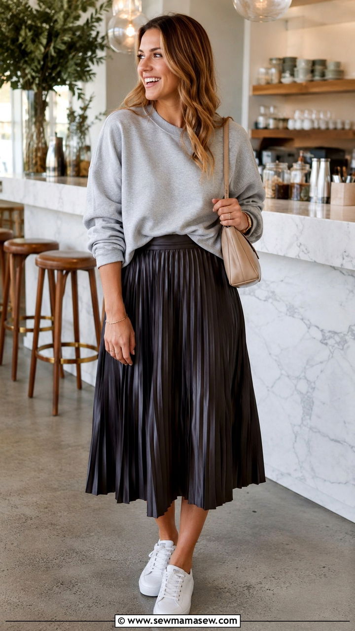 Sweatshirt style sweater with pleated skirt and sneakers - 30 Sweater outfit ideas for women over 40