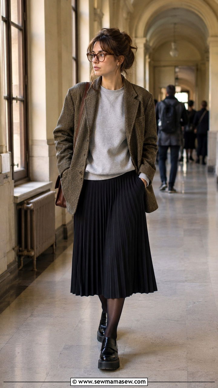 Sweatshirt under a blazer with a pleated skirt - 30 Chaotic academia outfit ideas