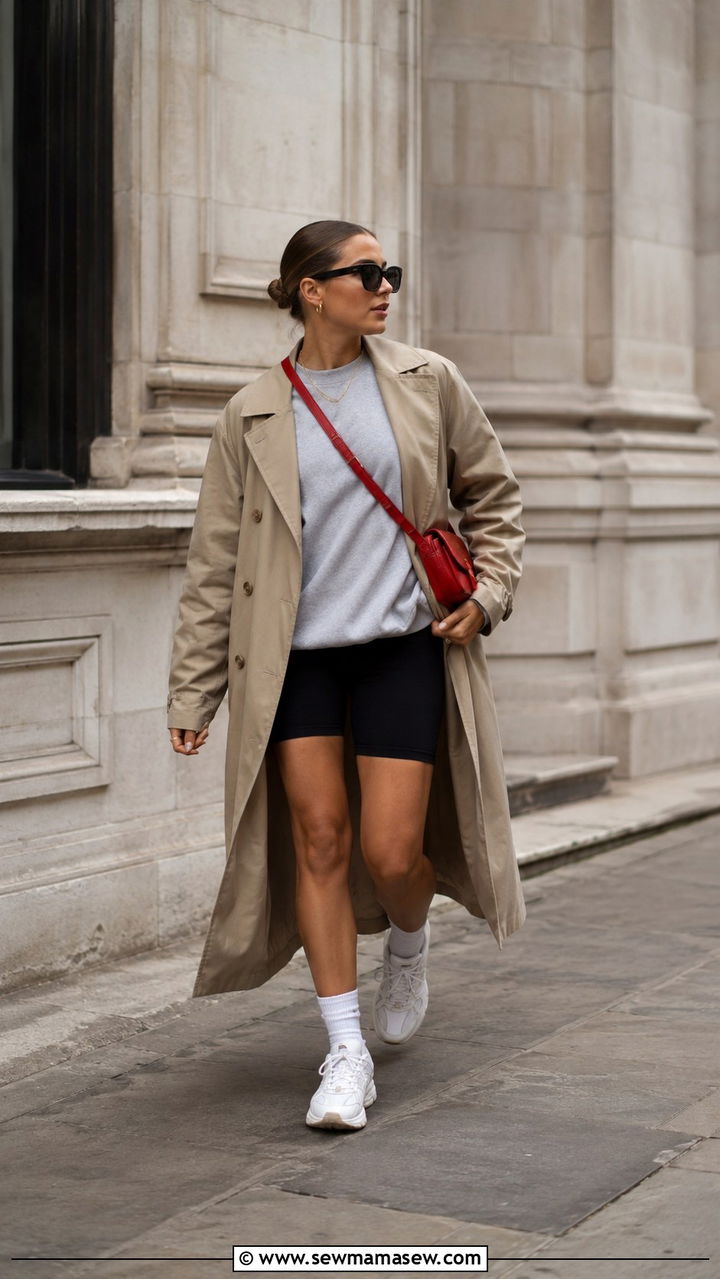 Sweatshirt with Biker Shorts and Trench Coat - 30 Late March outfit ideas