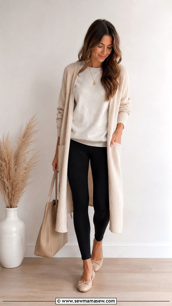 Sweatshirt with Leggings and a Long Line Cardigan - 30 Sweatshirt and leggings outfit ideas