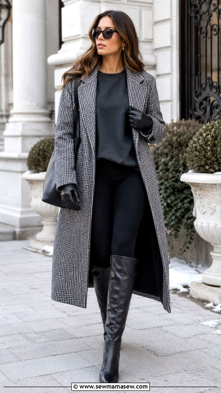 Sweatshirt with Leggings and a Long Wool Coat - 30 Sweatshirt and leggings outfit ideas