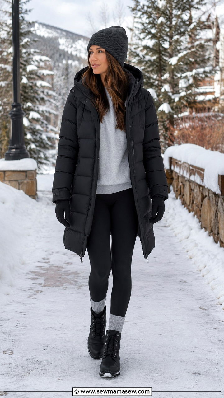 Sweatshirt with Leggings and a Puffer Coat - 30 Sweatshirt and leggings outfit ideas