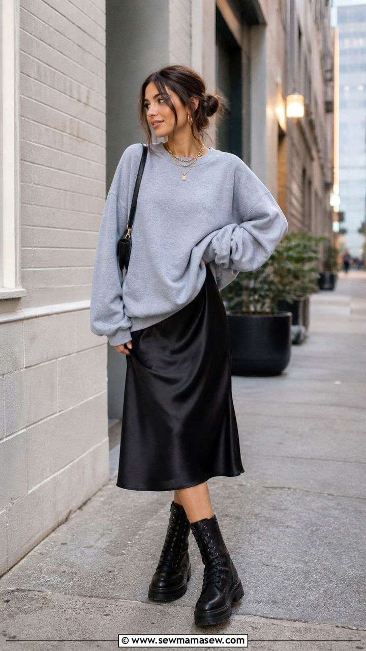 Sweatshirt with Slip Dress and Combat Boots - 40 transitional outfits