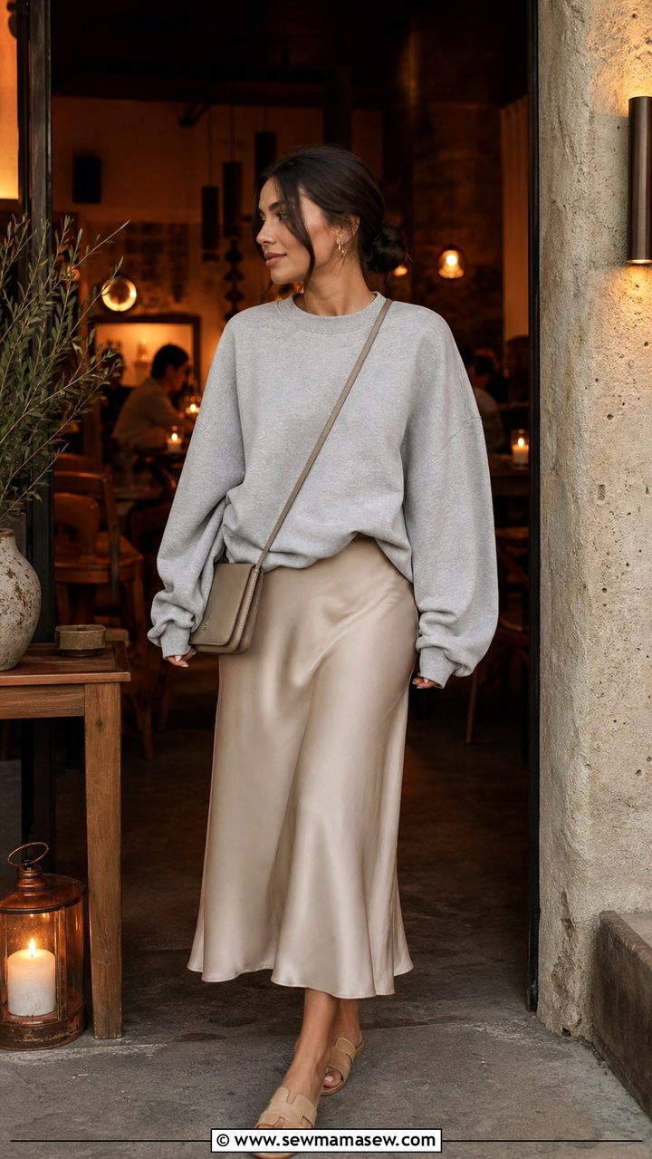 Sweatshirt with a Satin Skirt - 40 Los Angeles outfit ideas