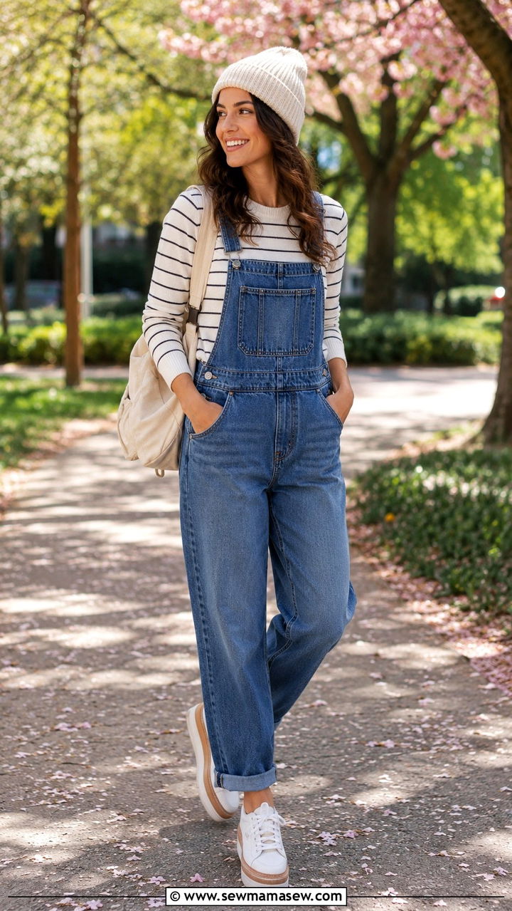 Sweatshirt with denim overalls - 30 Spring outfits with sweatshirt