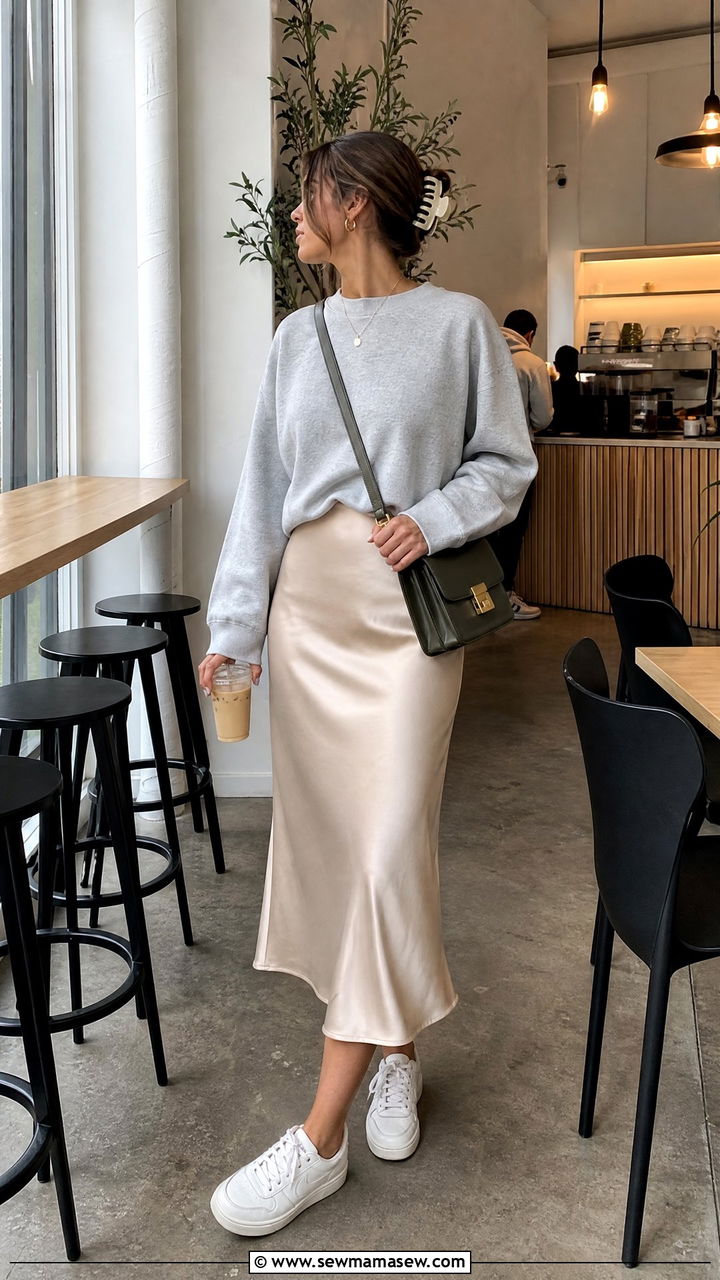 Sweatshirt with satin midi skirt - 30 College study session outfit ideas