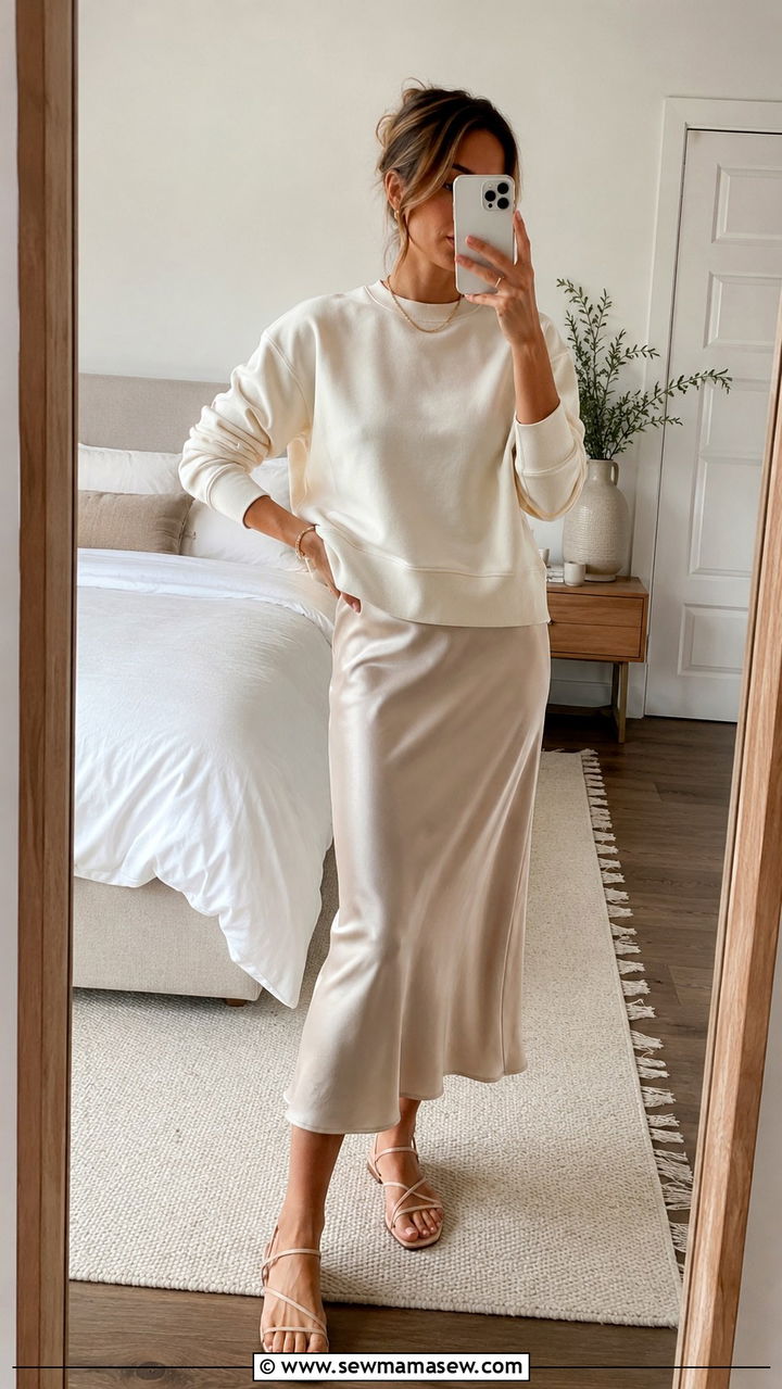 Sweatshirt with satin midi skirt - 30 Spring outfits with sweatshirt