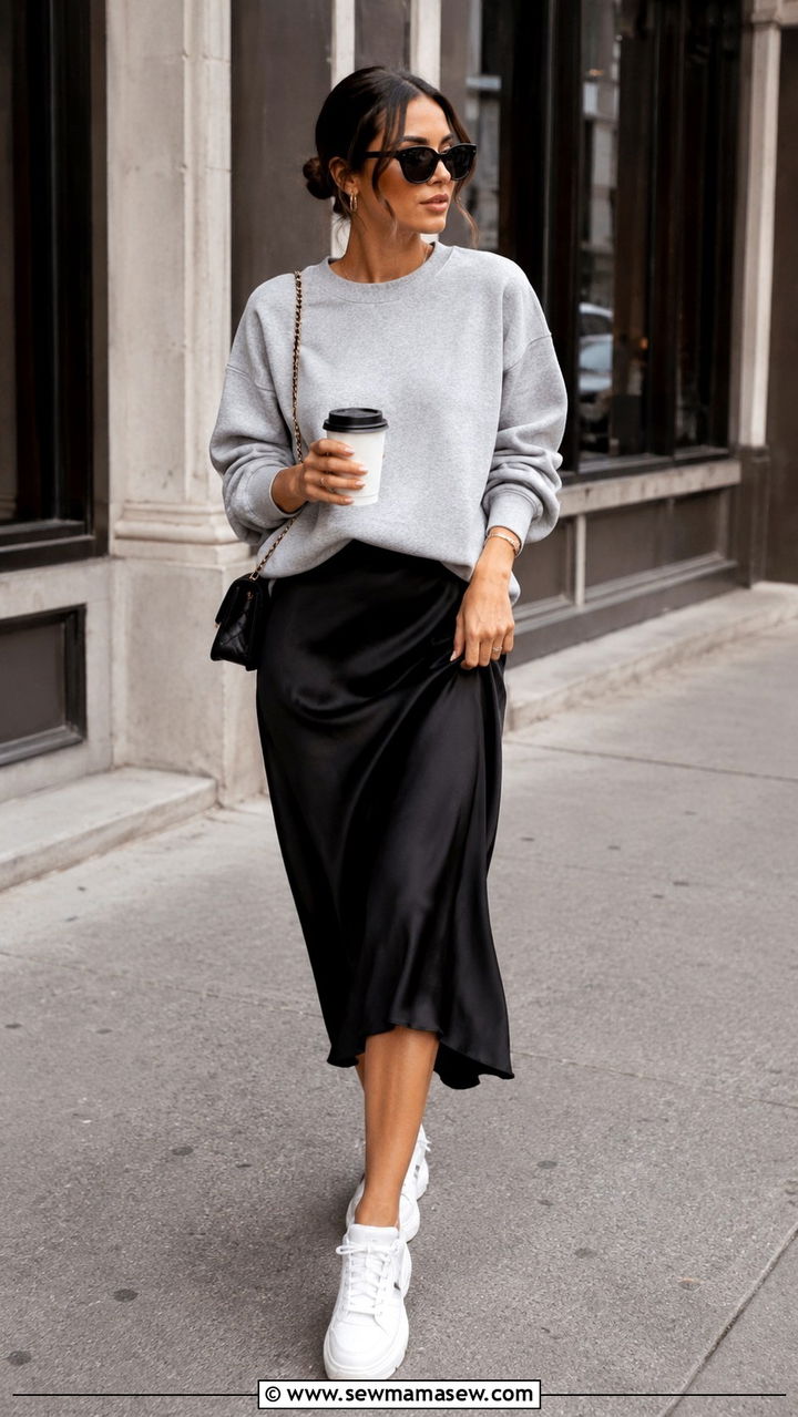 Sweatshirt with slip midi skirt and sneakers - 30 Midi skirt outfit ideas with sneakers