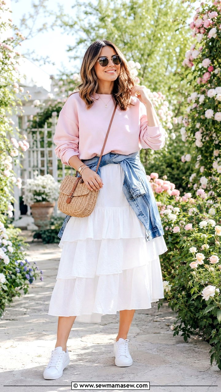 Sweatshirt with tiered midi skirt - 30 Spring outfits with sweatshirt