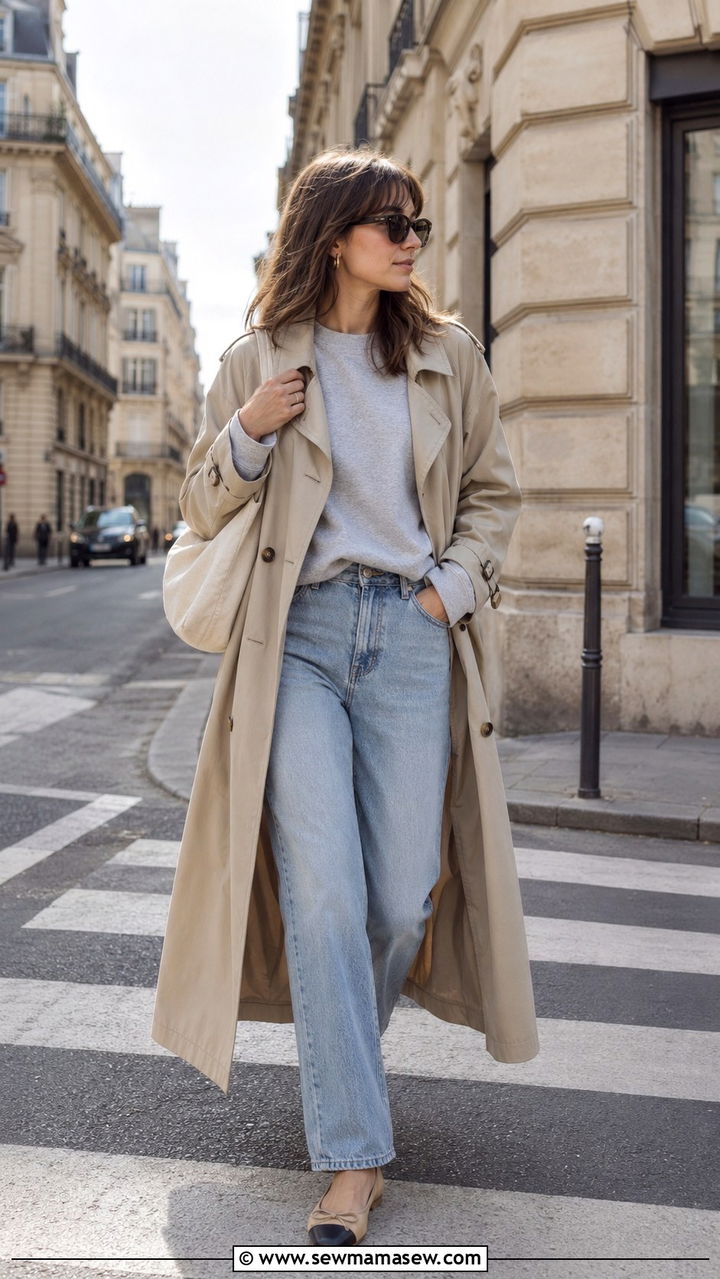 Sweatshirt with trench coat and jeans - 30 Spring outfits with sweatshirt
