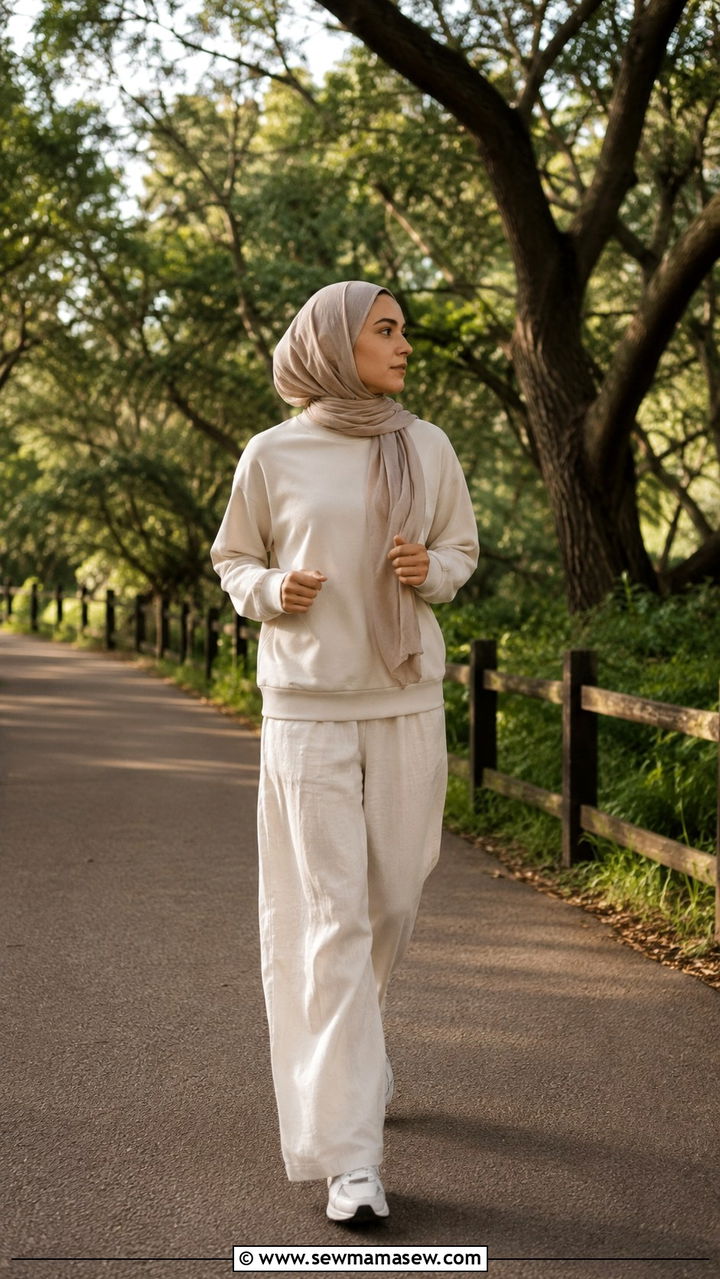 Sweatshirt with wide leg linen trousers and lightweight cotton voile hijab - 25 Modest running outfit ideas with hijab