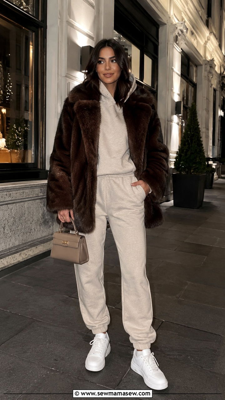 Sweatsuit With Faux Fur Coat - 30 Sweatsuit outfit ideas women