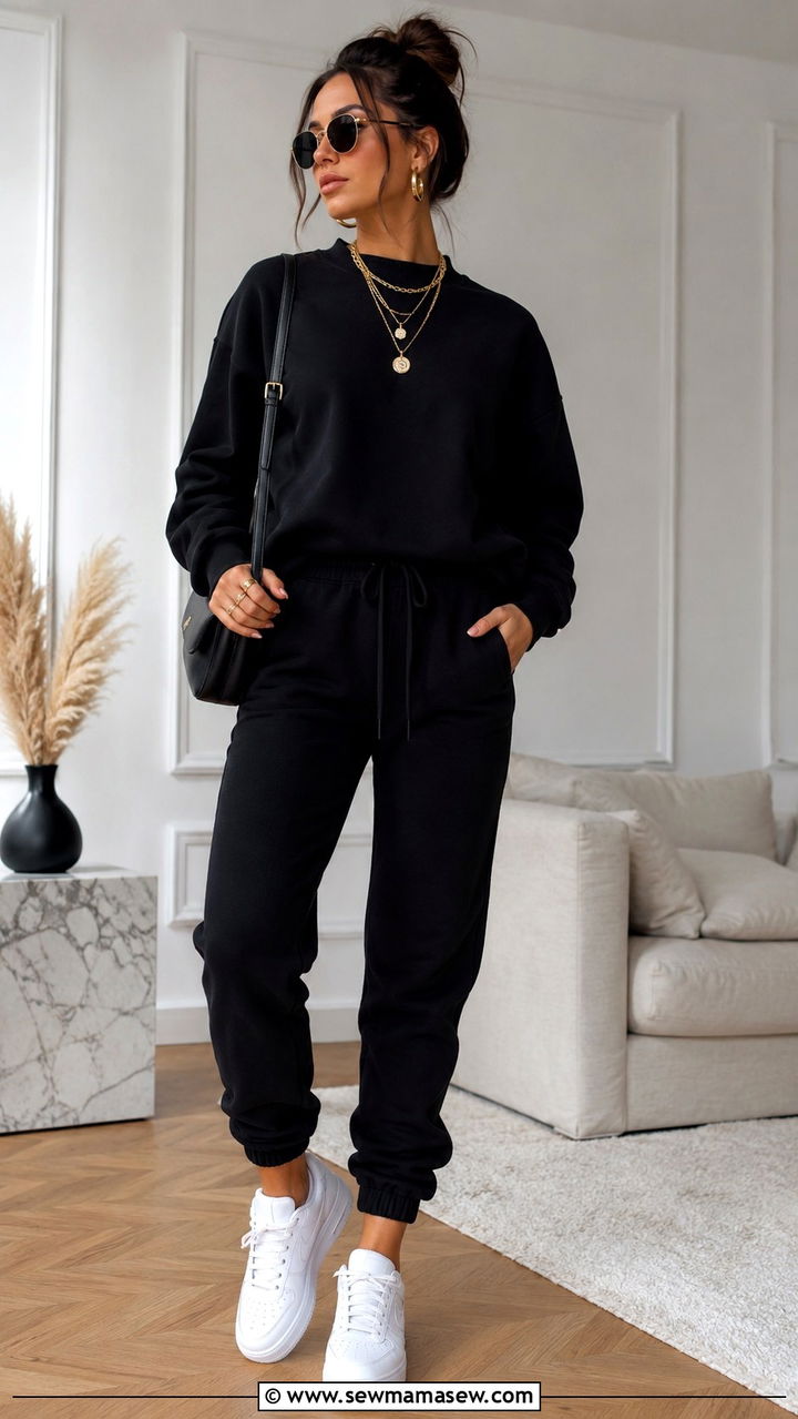 Sweatsuit With Layered Gold Jewelry - 30 Sweatsuit outfit ideas women