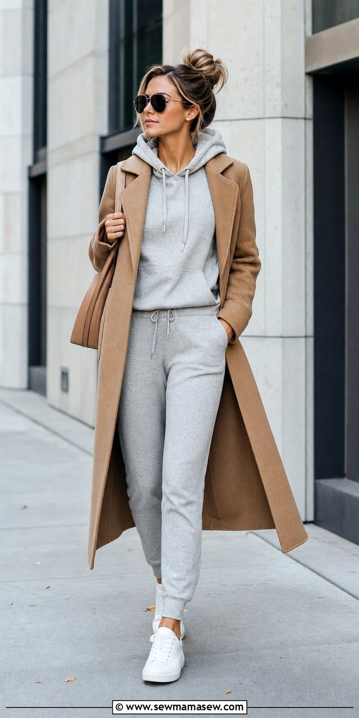 Sweatsuit set with long wool coat and leather sneakers - 25 sporty chic outfits aesthetic