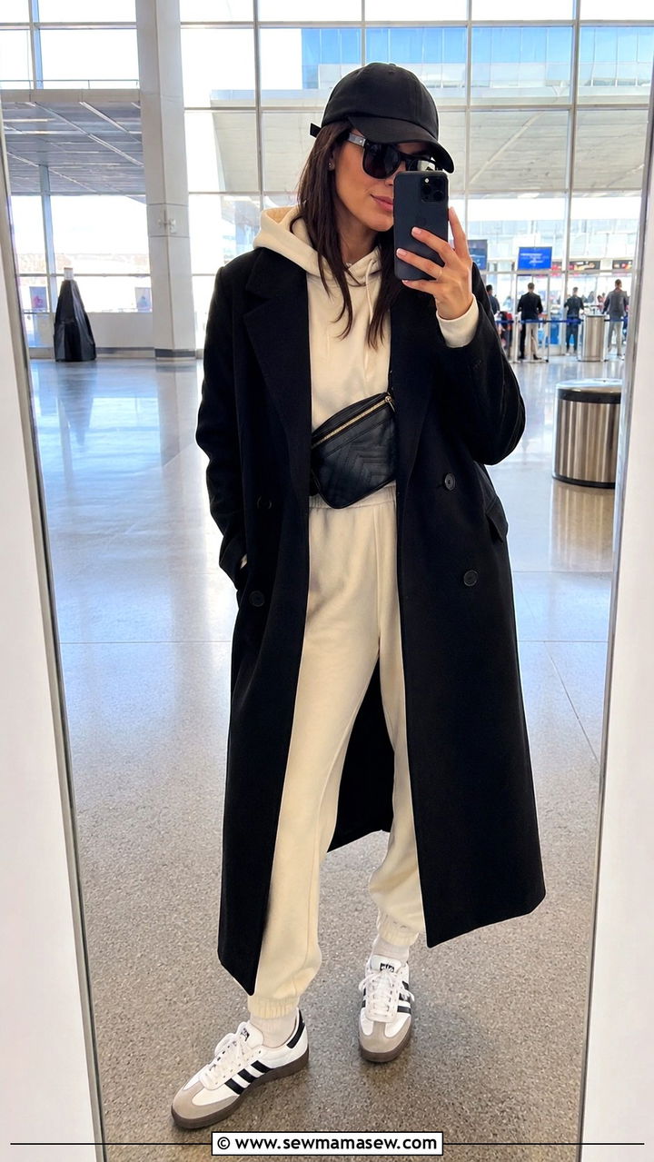 Sweatsuit structured long coat sneakers LAX - 30 LAX airport outfit ideas