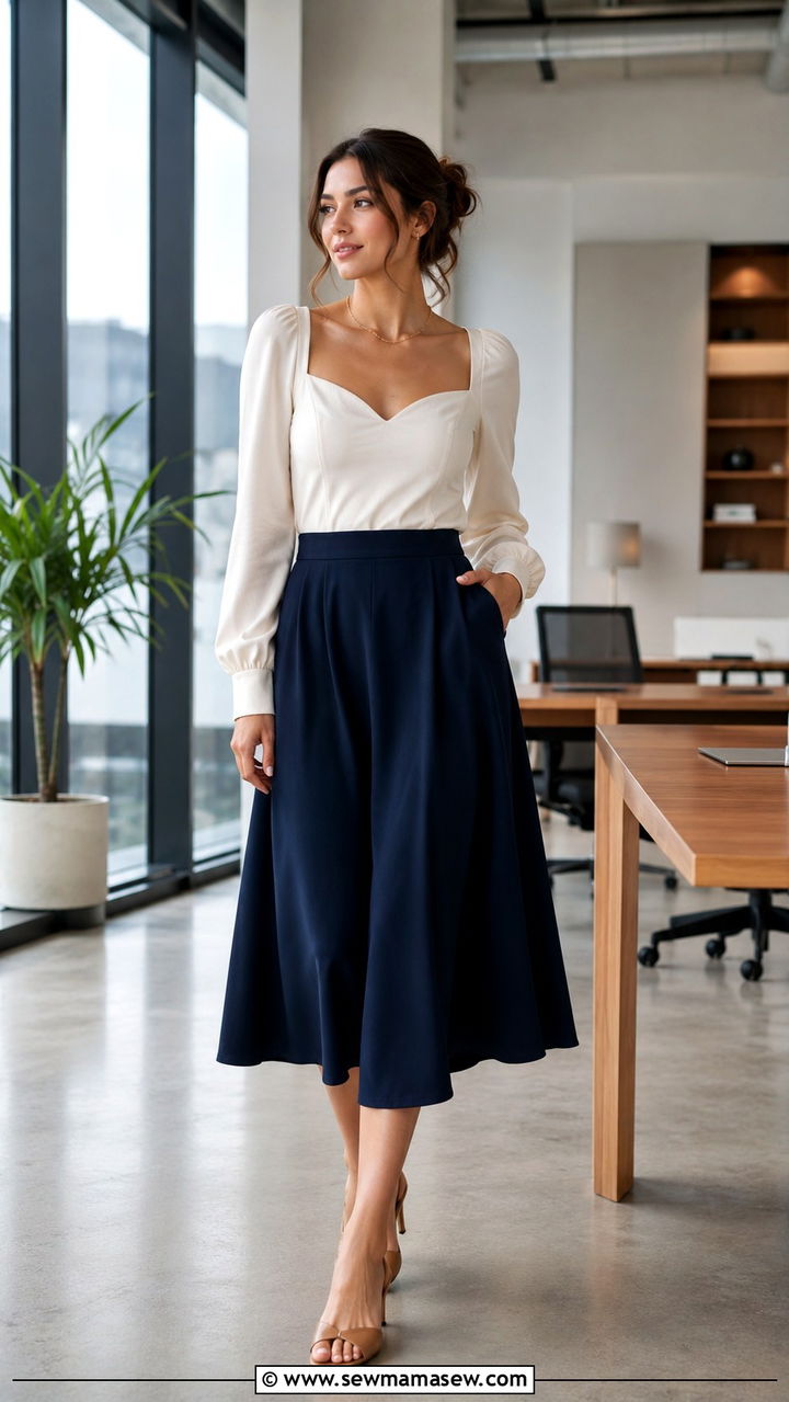 Sweetheart Neckline Blouse with a Midi Skirt - 20 work outfits for apple shaped body