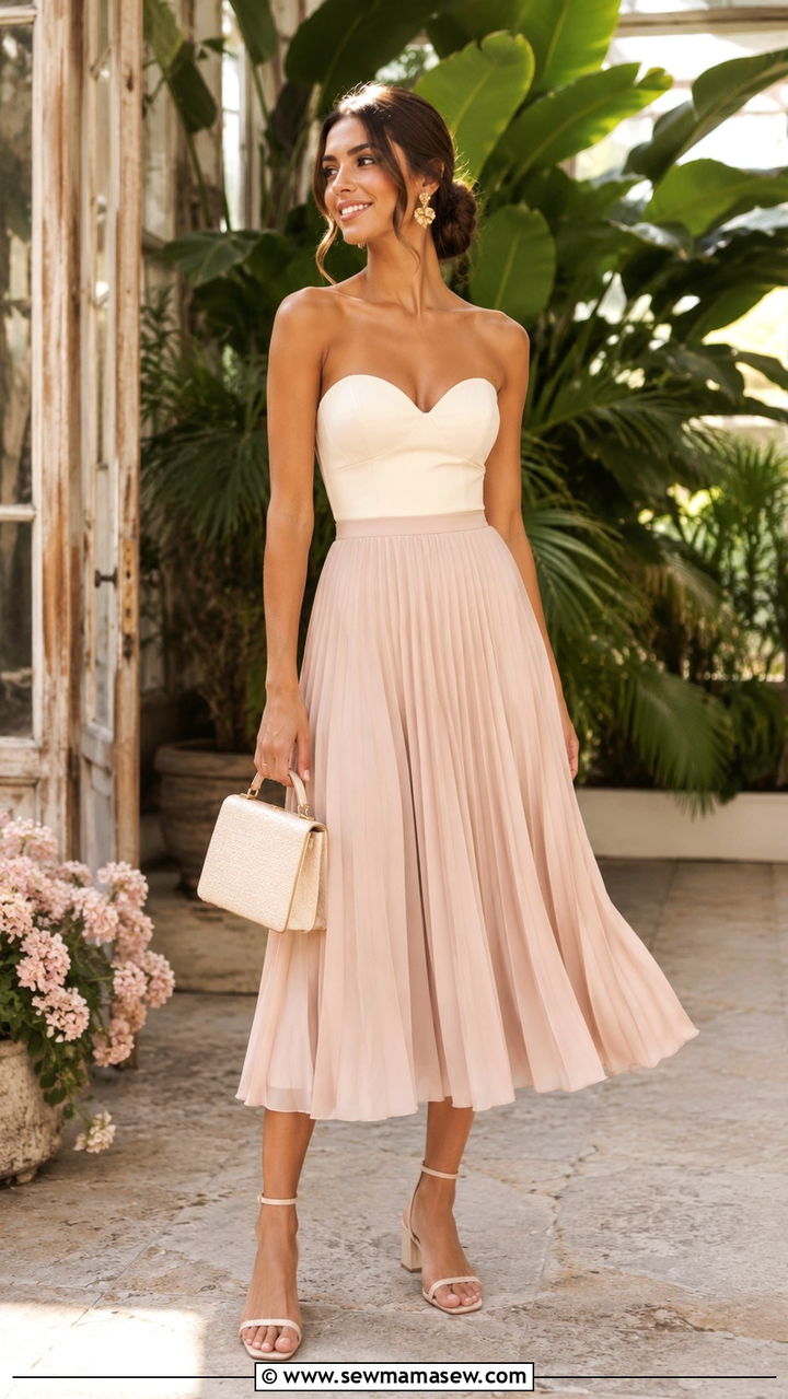 Sweetheart Neckline Top With Full Midi Skirt - 25 wedding guest outfits for women with big bust