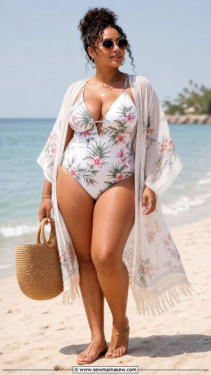 Swimsuit with Kimono Cover Up and Woven Tote - 30 Curvy girl summer outfit ideas