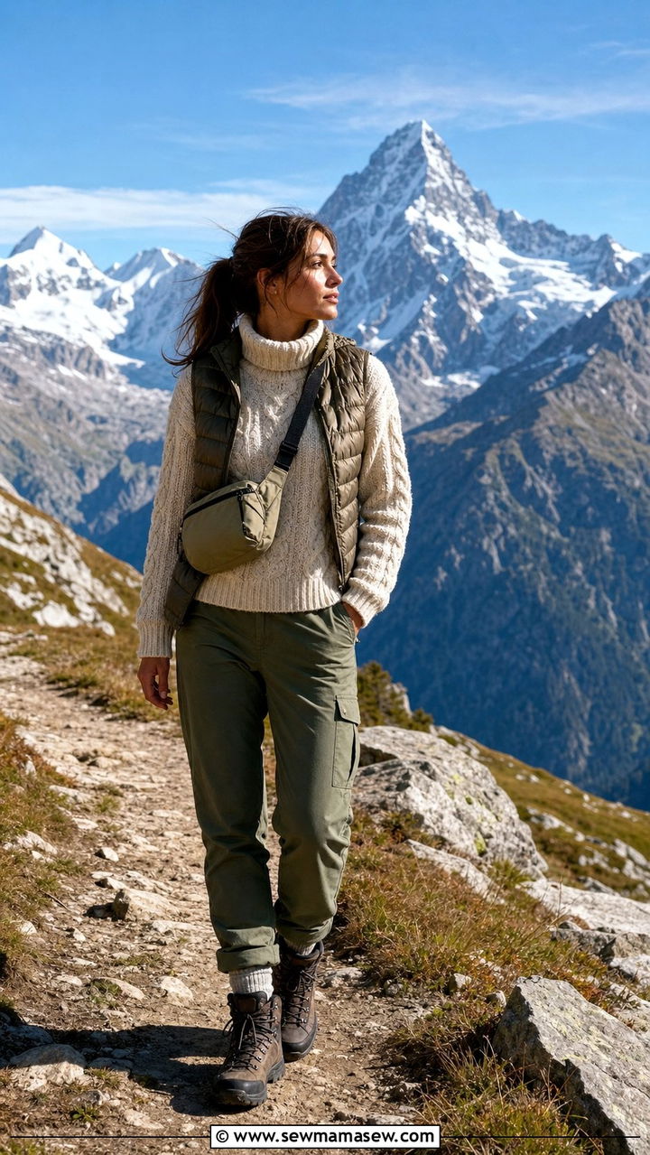 Swiss Alps Cable Knit Sweater and Hiking Boots - 25 Europe travel outfits inspo