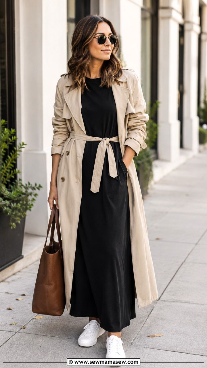 T Shirt Dress With A Belted Trench - 30 transitional modest outfit ideas