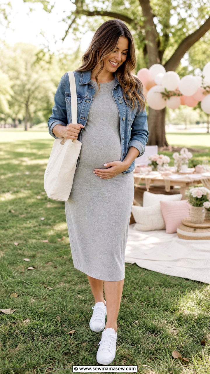T Shirt Dress With A Denim Jacket And Sneakers - 25 Casual baby shower outfits