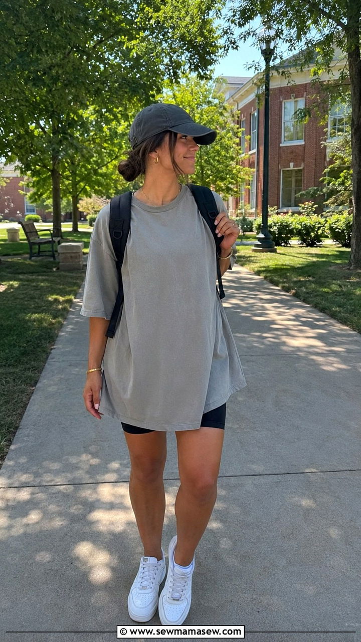 T Shirt Dress With Bike Shorts And White Sneakers - 25 Nursing student outfit ideas
