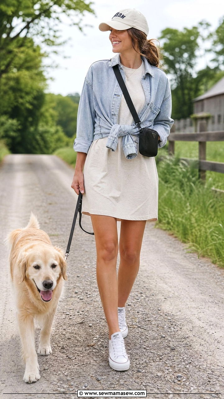 T Shirt Dress With Denim Jacket Countryside Look - 30 Summer countryside outfits