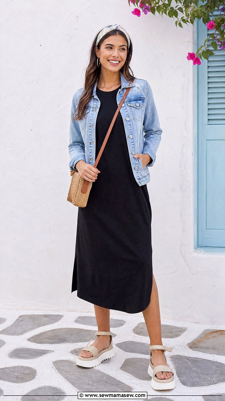 T Shirt Dress With Denim Jacket and Chunky Sandals - 25 Airport outfit ideas for economy