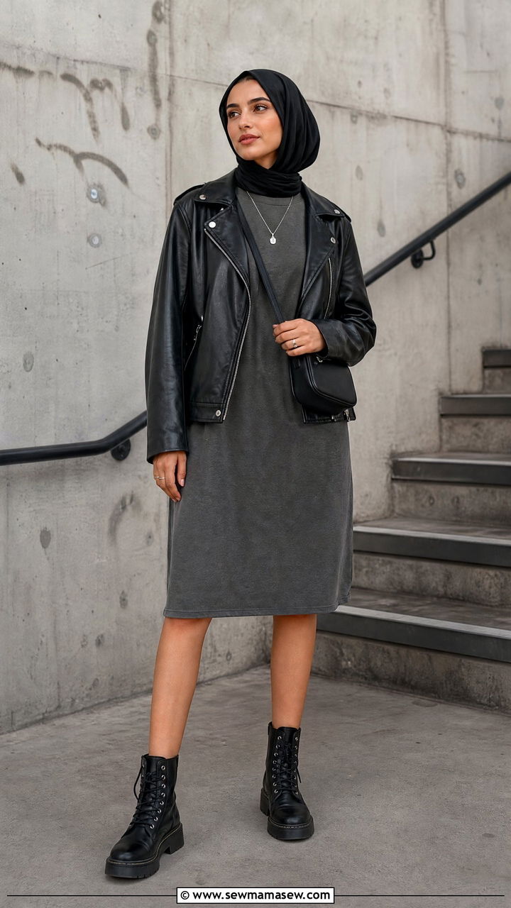 T Shirt Dress With Leather Jacket - 30 modest concert outfit ideas
