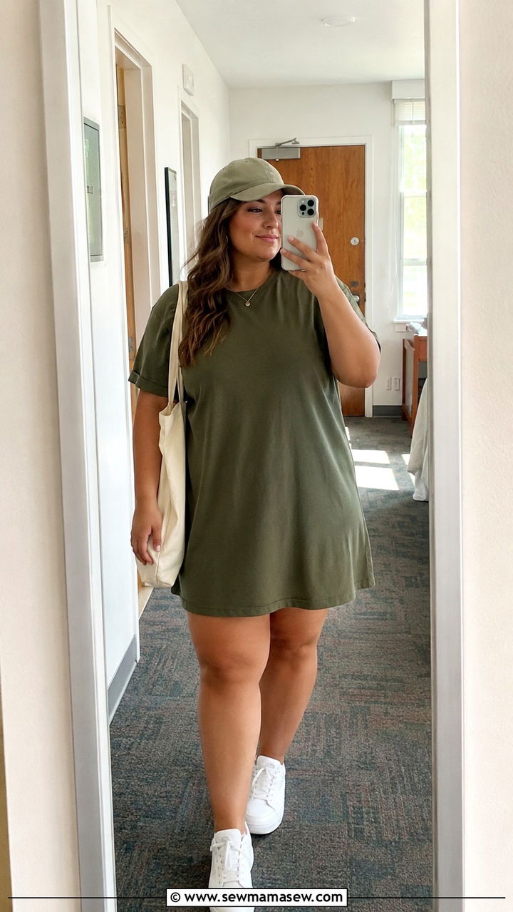 T Shirt Dress With White Sneakers And Baseball Cap - 30 Plus size outfit ideas for college