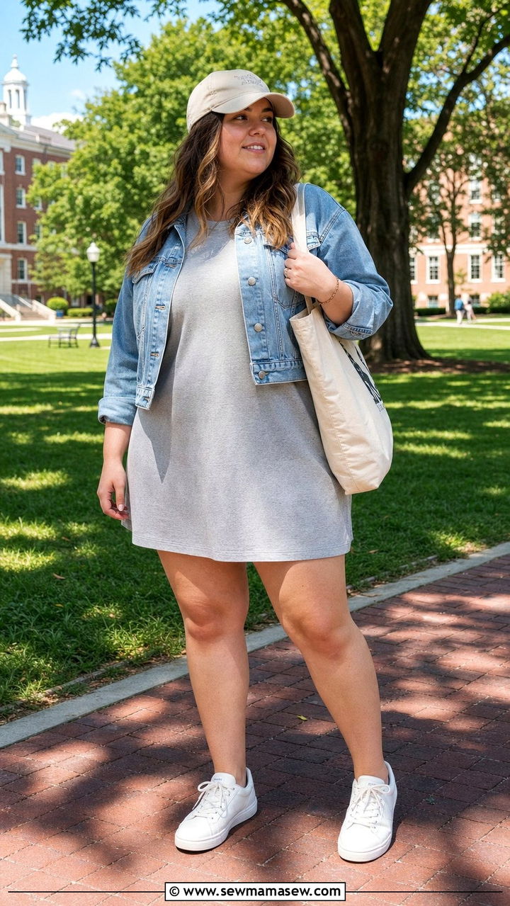 T Shirt Dress and Denim Jacket College Outfit - 25 College outfit ideas plus size
