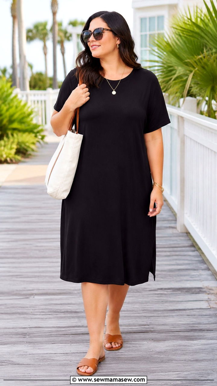 T Shirt Dress and Leather Slide Sandals Outfit - 30 Minimalist outfit ideas plus size