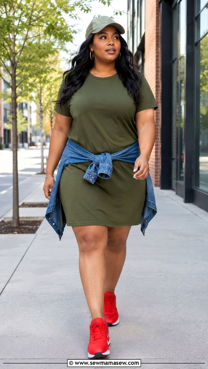 T Shirt Dress with Bright Statement Sneakers - 30 spring plus size outfit ideas